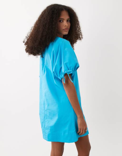 ASOS DESIGN - Vestito corto girocollo turchese con laccio sulle maniche, 4 di 4