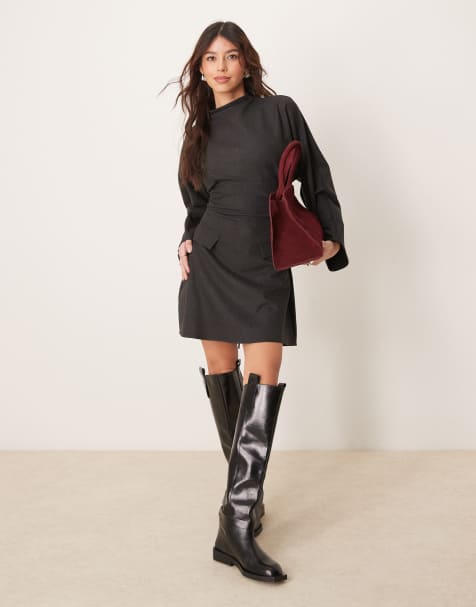 ASOS DESIGN - Vestito corto grigio antracite con colletto ampio a imbuto a maniche ampie - view 1