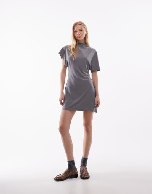 ASOS DESIGN - Vestito corto grigio mélange con collo a imbuto e maniche ad ali di pipistrello, 2 di 4