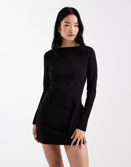 ASOS DESIGN - Vestito corto in bengalina nero con scollo a barchetta e cintura, 2 di 4