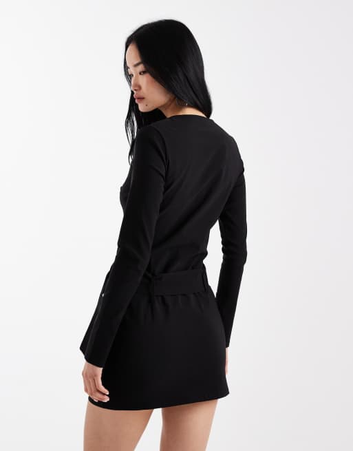 ASOS DESIGN - Vestito corto in bengalina nero con scollo a barchetta e cintura, 4 di 4