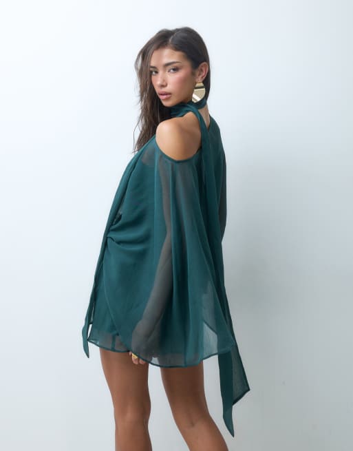 ASOS DESIGN vestito corto in chiffon con spalle scoperte, mantella e sciarpa, color ottanio, 1 di 5