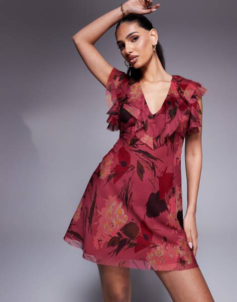 ASOS DESIGN - Vestito corto in chiffon rosa a fiori con volant sulle maniche - view 1