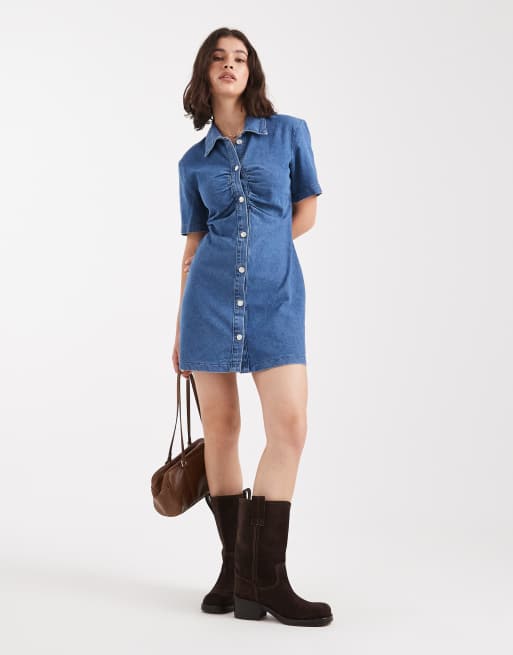 ASOS DESIGN - Vestito corto in denim blu medio arricciato sul davanti, 2 di 4
