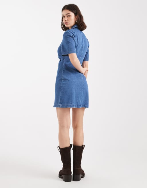 ASOS DESIGN - Vestito corto in denim blu medio arricciato sul davanti, 3 di 4