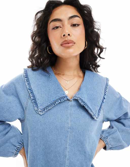 ASOS DESIGN - Vestito corto in denim blu medio con colletto oversize con volant, 4 di 4