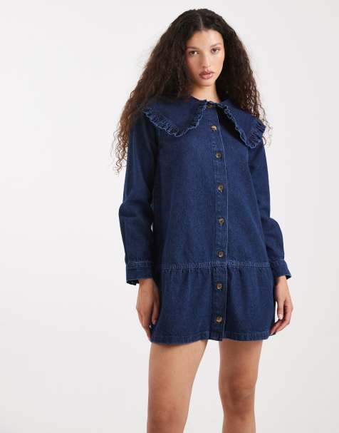 ASOS DESIGN - Vestito corto in denim blu medio scuro con fondo a peplo e colletto - view 1