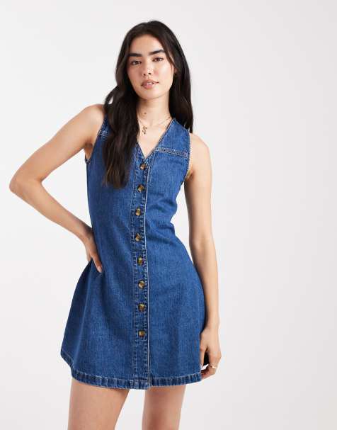 ASOS DESIGN - Vestito corto in denim blu medio senza maniche con corpino aderente e gonna svasata - view 1
