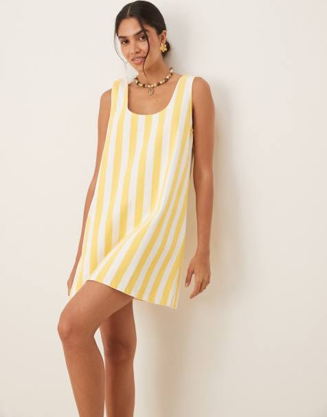 ASOS DESIGN - Vestito corto in denim giallo e bianco a righe con scollo rotondo - view 1