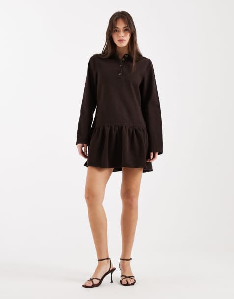 ASOS DESIGN - Vestito corto in denim marrone a maniche lunghe con vita scesa - view 1