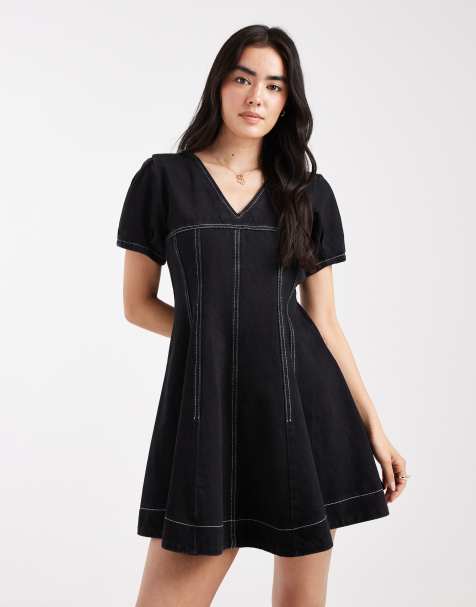 ASOS DESIGN - Vestito corto in denim nero con scollo a V e cuciture a vista - view 1