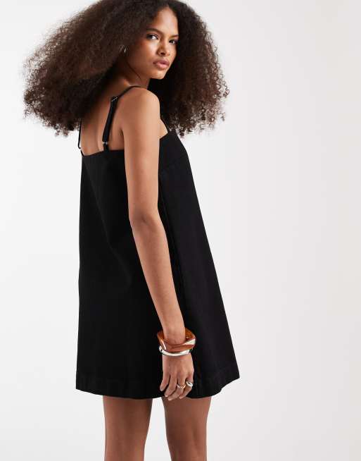 ASOS DESIGN - Vestito corto in denim nero con spalline sottili e bottoni, 4 di 4