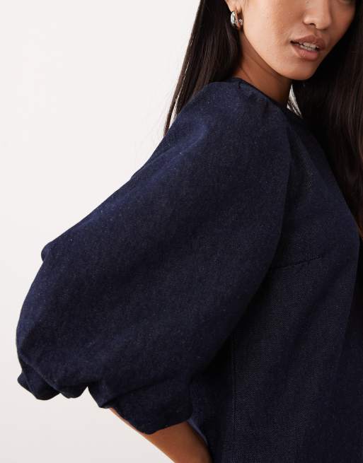 ASOS DESIGN - Vestito corto in denim rinse wash con maniche a sbuffo, 3 di 4