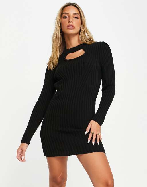 ASOS DESIGN - Vestito corto in maglia a coste nero con cut-out