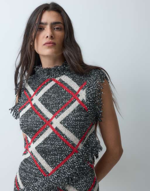 ASOS DESIGN vestito corto in maglia a quadri con frange grigio, 3 di 4