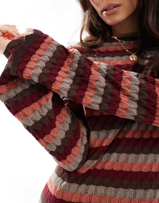 ASOS DESIGN - Vestito corto in maglia a righe all'uncinetto con maniche svasate, 3 di 4