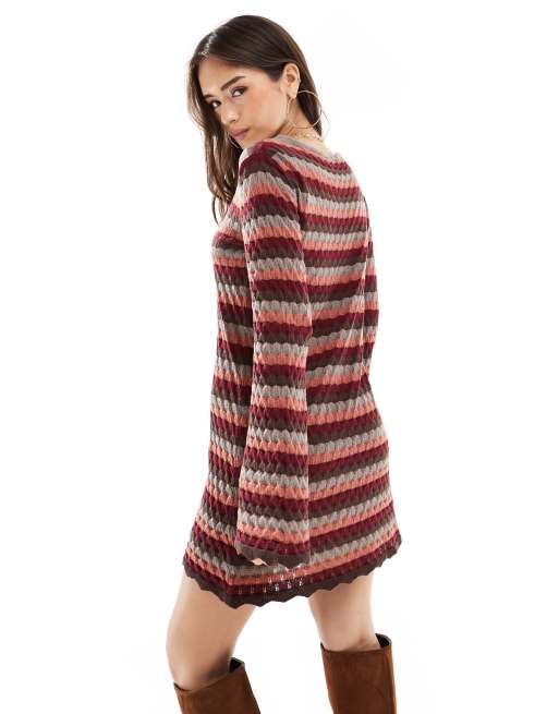 ASOS DESIGN - Vestito corto in maglia a righe all'uncinetto con maniche svasate, 4 di 4