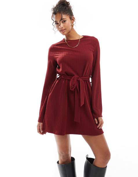 ASOS DESIGN - Vestito corto in maglia a trecce bordeaux allacciato in vita - view 1