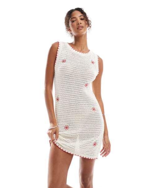 ASOS DESIGN - Vestito corto in maglia all'uncinetto écru con ricamo di fiori - view 1