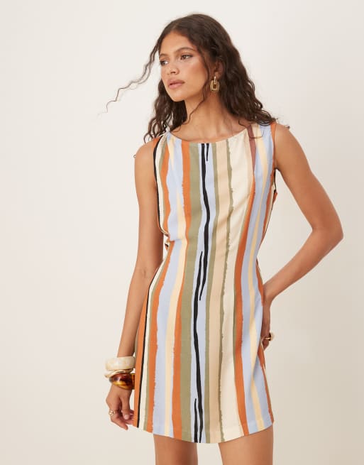 ASOS DESIGN - Vestito corto in misto lino a righe multicolore con scollo a barchetta