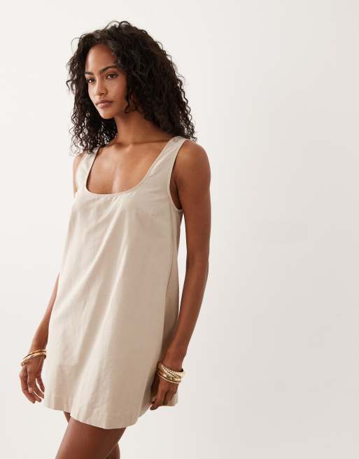 ASOS DESIGN - Vestito corto in misto lino beige con scollo a barchetta, 2 di 4
