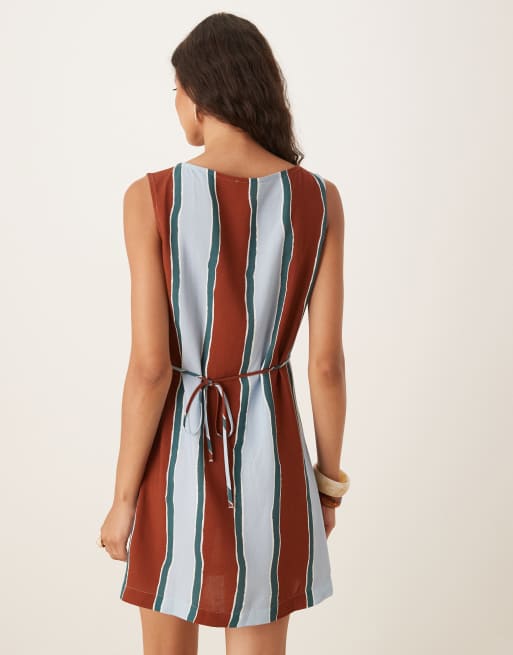 ASOS DESIGN - Vestito corto in misto lino blu a righe ampie con scollo a barchetta, 4 di 4