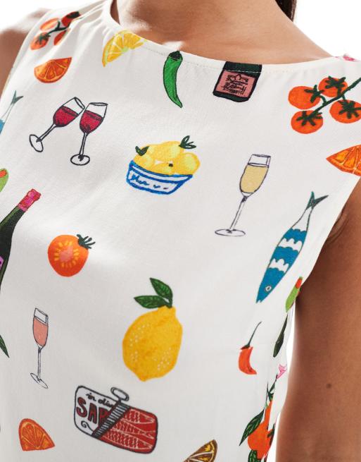 ASOS DESIGN - Vestito corto in misto lino con stampa vacanze, 3 di 4