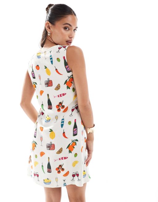 ASOS DESIGN - Vestito corto in misto lino con stampa vacanze, 4 di 4