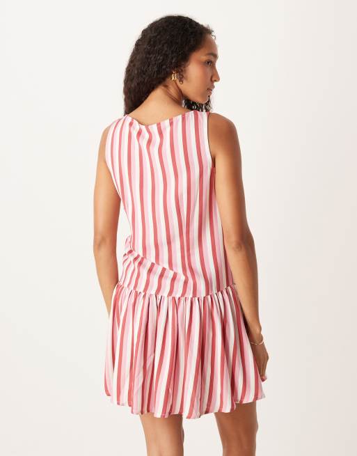 ASOS DESIGN - Vestito corto in misto lino rosa a righe con vita scesa, 4 di 4