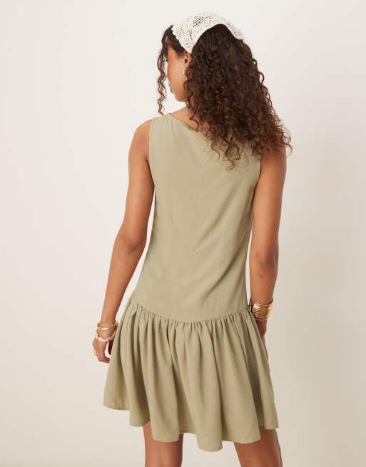 ASOS DESIGN - Vestito corto in misto lino verde salvia con vita scesa, 3 di 4