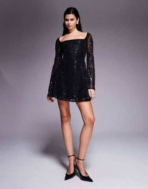 ASOS DESIGN - Vestito corto in paillettes nero con scollo quadrato e maniche svasate - view 1