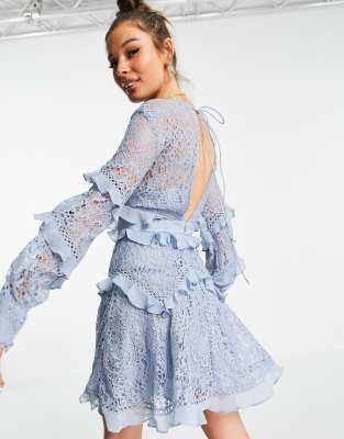 Vestito corto in pizzo blu polvere con volant e finiture a cerchio - ASOS DESIGN  donna Blu - immagine2