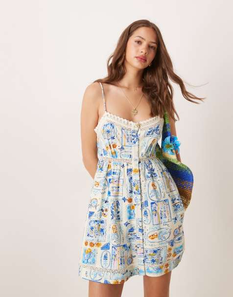 ASOS DESIGN - Vestito corto in pizzo con spalline sottili, bottoni e stampa stile cartolina blu - view 1