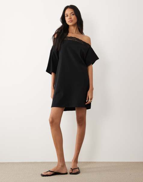 ASOS DESIGN - Vestito corto in pizzo nero con spalla scoperta - view 1