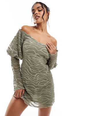 ASOS DESIGN - Vestito corto in pizzo plissé verde salvia con maniche a sbuffo e scollo alla Bardot - view 1