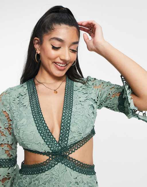 ASOS DESIGN - Vestito corto in pizzo verde salvia con finiture circolari e cut-out, 3 di 4