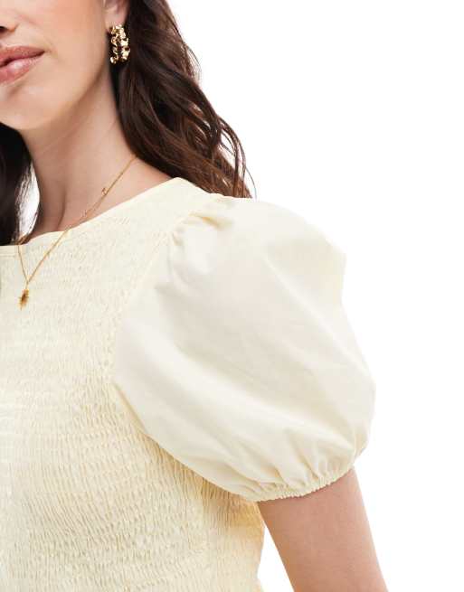 ASOS DESIGN - Vestito corto in popeline arricciato color limone con maniche a sbuffo, 3 di 4