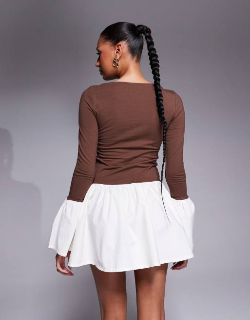 ASOS DESIGN - Vestito corto in popeline color mocha con polsino con volant, 3 di 4
