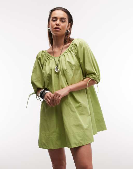 ASOS DESIGN - Vestito corto in popeline con scollo rotondo e laccetti sulle maniche verde, 4 di 4