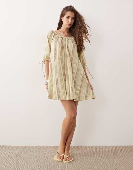 ASOS DESIGN - Vestito corto in popeline con scollo rotondo e maniche allacciate giallo testurizzato a righe color pietra