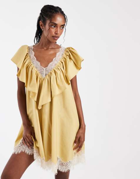 ASOS DESIGN - Vestito corto in popeline con volant, scollo a V e finiture in pizzo giallo crepuscolare - view 1