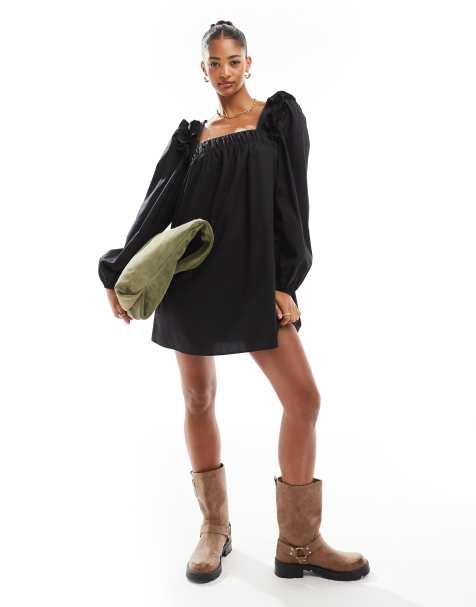 ASOS DESIGN - Vestito corto in popeline nero con volant sulle spalle - view 1