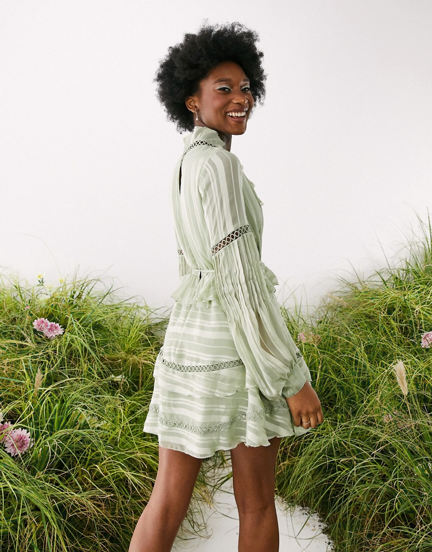 ASOS DESIGN- Vestito corto in raso a righe con inserti in pizzo e cintura-Verde - ASOS DESIGN  donna Verde - immagine2