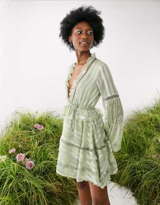 ASOS DESIGN- Vestito corto in raso a righe con inserti in pizzo e cintura-Verde - ASOS DESIGN  donna Verde - immagine1