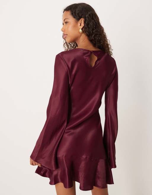 ASOS DESIGN - Vestito corto in raso color prugna con vita scesa, 2 di 4