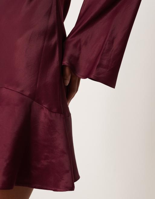 ASOS DESIGN - Vestito corto in raso color prugna con vita scesa, 3 di 4