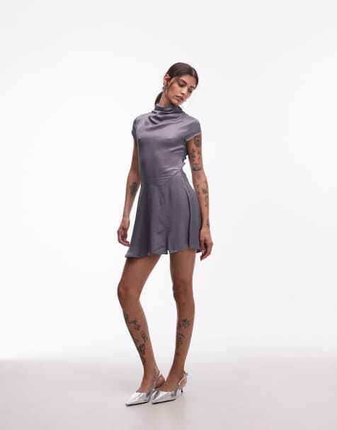 ASOS DESIGN - Vestito corto in raso grigio con scollo ad anello - view 1