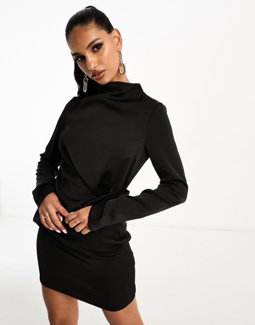 ASOS DESIGN Vestito corto in raso nero a maniche lunghe con dettaglio raccolto
