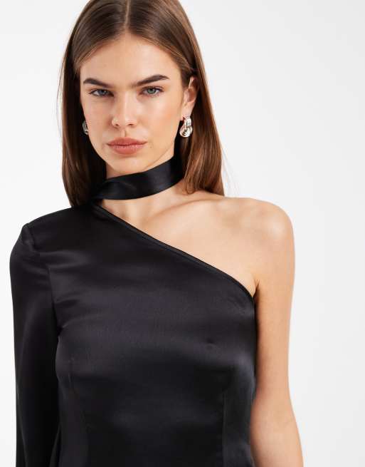 ASOS DESIGN - Vestito corto in raso nero con foulard e maniche a pipistrello, 4 di 4