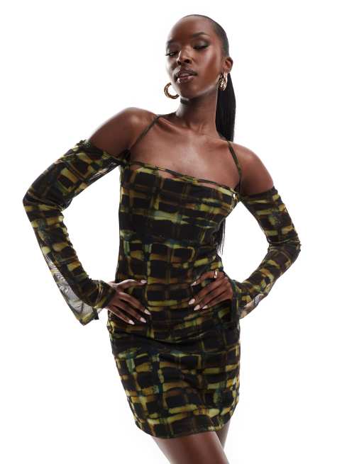 ASOS DESIGN Vestito corto in rete a quadri su sfondo scuro con dettaglio maniche schiena scoperta e allacciatura al collo ASOS